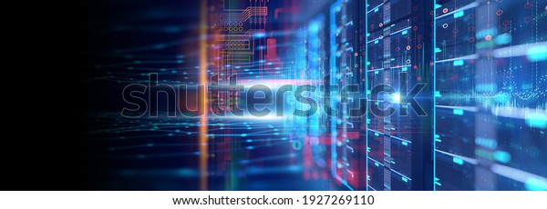 3D illustration
banner  of server room in data center full of telecommunication
equipment,concept of big data storage and  cloud hosting technology








