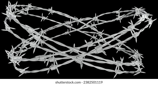 a 3D illustration of a barbed wire fence twisted into the shape of a round circle frame.	