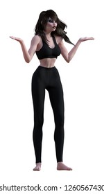 3d Illustration Of A Barefoot Very Thin Woman Wearing Black Leggings And Top In A Whatever Pose Isolated On A White Background.