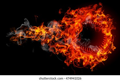 3D illustration. Baseball on fire flames isolated on black background. 
