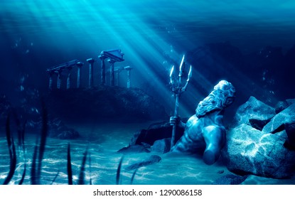 3D Illustration Based On The Legend Of The Lost City Of Atlantis, Underwater City, Rendering