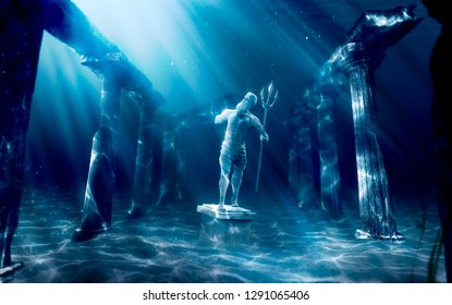 3D Illustration Based On The Legend Of The Lost City Of Atlantis, Underwater City, Rendering