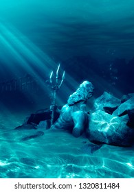 3D Illustration Based On The Legend Of The Lost City Of Atlantis, Underwater City, Rendering