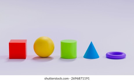 3D illustration of basic geometric shapes including a cube, sphere, cylinder, cone, and torus. Perfect for educational materials, math posters, classroom visuals, and design projects.