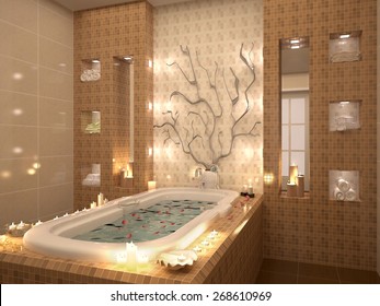 3d Illustration Of Bath With Rose Petals By Candlelight. Relaxin