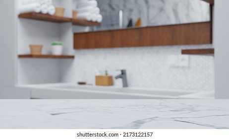 3D Illustration Of A Bathroom With A Blurry Background And A Marble Counter Top In Front For Product Placement