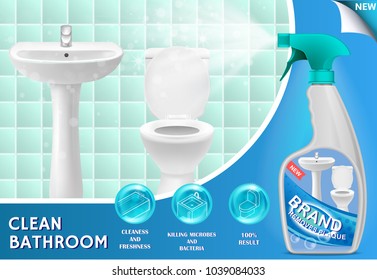 3d Illustration Of Bathroom Cleaner. Plastic Spray Bottle With Detergent Design. Liquid Cleaning Product Ad.