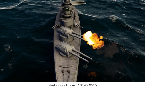 3d Illustration Of A Battleship Firing With Heavy Caliber Guns