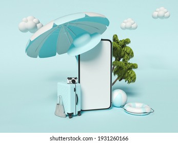 3d illustration. Beach umbrella, Travel suitcase, beach ball, palms and Smartphone. Travel and Summer vacation concept.