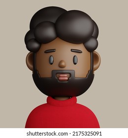 3D Illustration Of  Bearded Black Man. Cartoon Close Up Portrait Of Bearded Black Man On A Gray Background. 3D Avatar For Ui Ux.