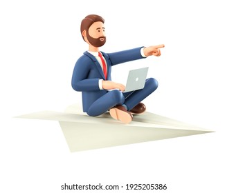 3D illustration of bearded creative man with laptop flying on a huge paper airplane. Cartoon smiling businessman in yoga lotus position pointing forward with hand, isolated on white background.