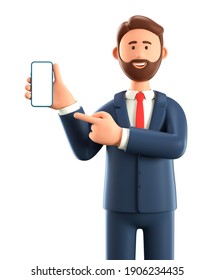 3D illustration of bearded man holding smartphone and showing blank screen. Close up portrait of cartoon smiling businessman pointing finger at empty display phone, isolated on white background.