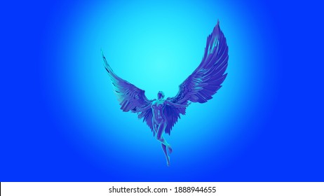 3d illustration of a beautiful angel flying in a bluish space