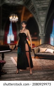 3D illustration of a beautiful assassin or spy woman standing in a gothic arched room next to a  small grand piano and a sofa in a castle or palace interior.