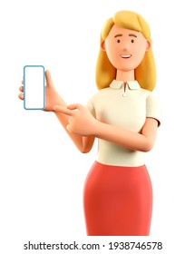 3D illustration of beautiful blonde woman holding smartphone and pointing finger at blank screen. Cute cartoon smiling attractive businesswoman showing empty display phone, isolated on white.