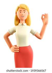3D illustration of beautiful blonde woman showing okay sign. Close up portrait of cartoon smiling attractive businesswoman in red skirt with ok gesture, isolated on white background.