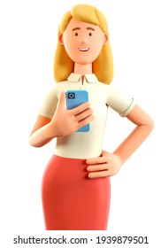 3D illustration of beautiful blonde woman holding smartphone. Close up portrait of cartoon smiling attractive businesswoman in red skirt using phone. Social networks communication, mobile connection.
