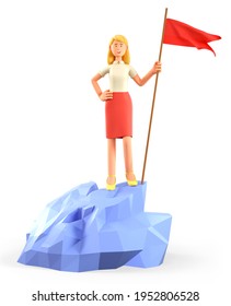 3D illustration of beautiful blonde woman hoisting a red flag on the top mountain. Cute cartoon happy businesswoman reaching goals on the peak of success. Objective attainment, leadership concept.