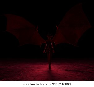 3d illustration of a beautiful demonic succubus woman with wings and glowing eyes lit from behind with red light