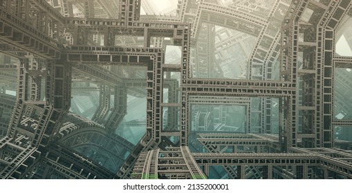 3D Illustration Of A Beautiful Fractal Bridge Building. Abstract Computer Generated Fractal Design.