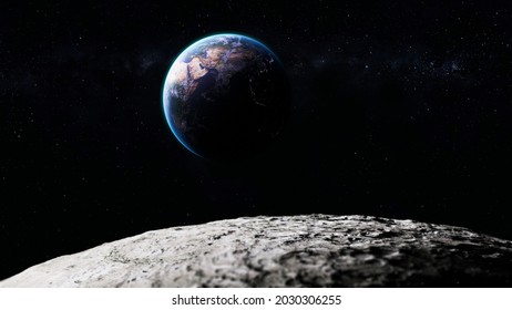 3D Illustration Of Beautiful View Of Planet Earth With Its Blue Atmosphere Rim And The Surface Of Moon From The Space In Universe Solar System Science And Global Concept