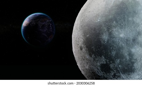 3D Illustration Of Beautiful View Of Planet Earth With Its Blue Atmosphere Rim And The Surface Of Moon From The Space In Universe Solar System Science And Global Concept