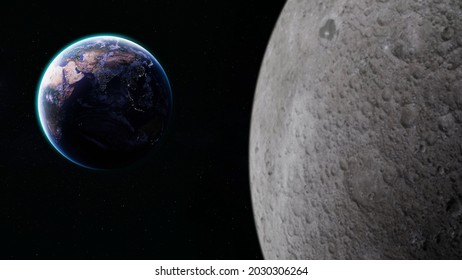 3D Illustration Of Beautiful View Of Planet Earth With Its Blue Atmosphere Rim And The Surface Of Moon From The Space In Universe Solar System Science And Global Concept