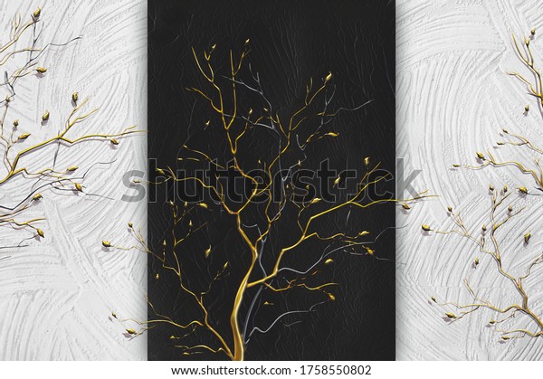3d bedroom wallpaper mural illustration, Beautiful wallpaper, Beautifully arranged golden tree on white and black textured background