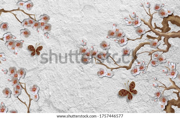 3d illustration, Beautifully arranged cherry branches on white textured background