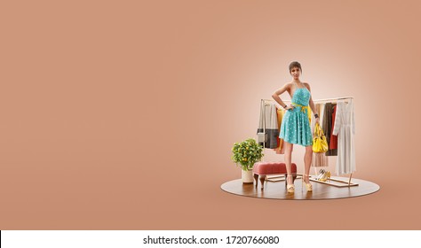 3d Illustration Of A Beauty Woman In Casual Clothes Standing In Boutique. Cloth Market. Online Shopping Concept.