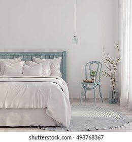 3D Illustration. Bedroom In Light Blue And Beige Shades