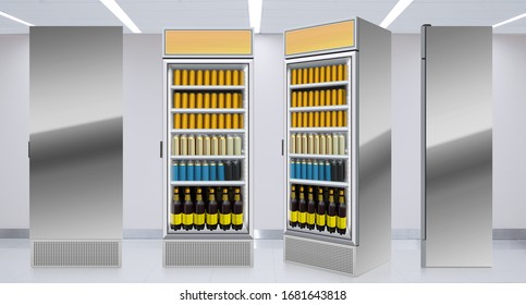 3D Illustration Of Beer And Soda Pop Drinks And Soft Drinks In Vertical Fridge Frezzer In Supermarket. With Side And Cover.