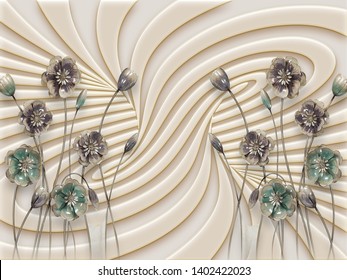 3d Illustration, Beige Background, Embossed, Waves, Dark Fabulous Flowers