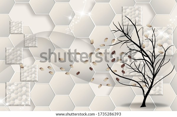 3d illustration, beige background, hexagons, sequins, black bent tree in the wind
