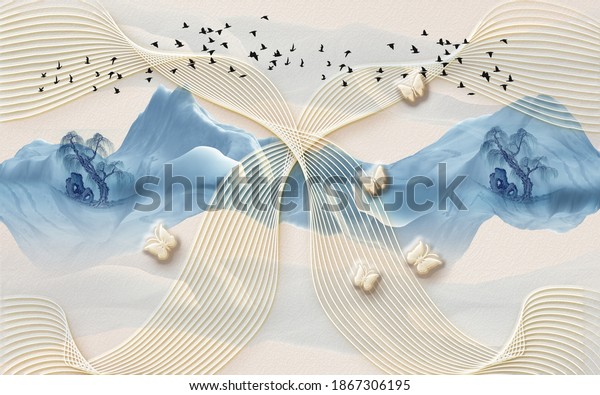 3d illustration, beige embossed background with butterflies and waves, blue mountains with trees.