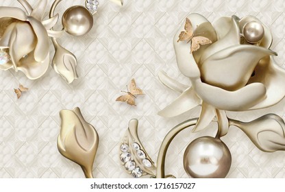 3d illustration, beige tiled background, shiny balls, large beige ceramic flowers - Powered by Shutterstock