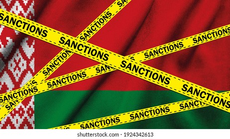 3D Illustration of a Belarus Sanctions Concept. Yellow Tape with Sanctions Sign against the national flag of Belarus on fabric texture background. 3d Rendering