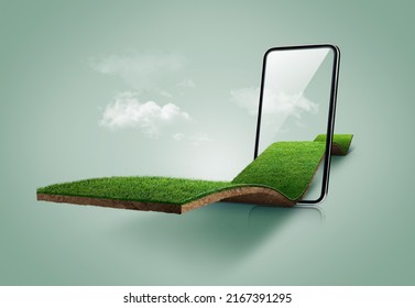 3d illustration of bending grass field with smartphone isolated. agriculture grass field creative ads