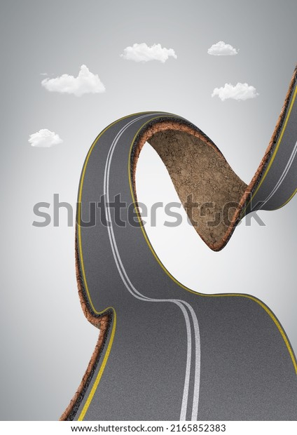 3d illustration of bending and\
twisting road isolated with clouds. (compound path\
added)