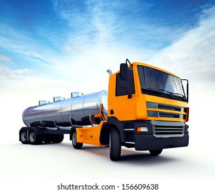 3d illustration of big orange fuel tanker truck