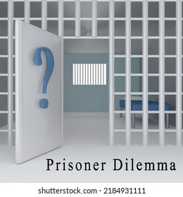 3D Illustration Of A Big Question Mark On An Open Door Of A Prison Cell, Along With The Script Prisoner Dilemma.
