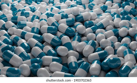 3D illustration, Big Stack Of Blue Medical Pills And Capsules, Background