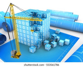 3d illustration of binary cube over blueprints background with crane
