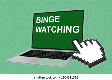 3D Illustration Of BINGE WATCHING Script With Pointing Hand Icon Pointing At The Laptop Screen