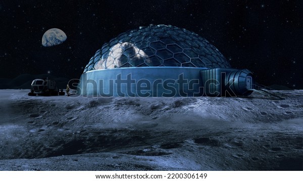 3D Illustration of a biosphere reserve on the\
surface of moon