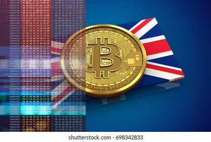 3d illustration bitcoin over blue background and UK flag