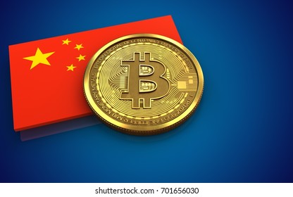 3d Illustration Of Bitcoin Over Blue Background With China Flag