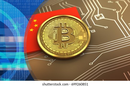 3d Illustration Of Bitcoin Over Circuit Background With China Flag