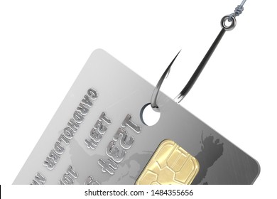 3d illustration: black bank credit card hooked up with a steel fishhook. Metaphor. Protection of personal information and security on the Internet when paying for purchases and making payments.