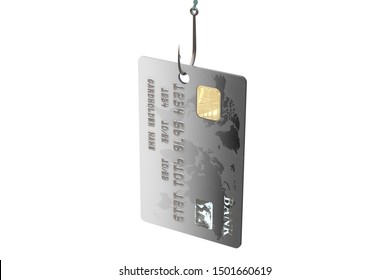 3d illustration: black bank credit card hooked up with a steel fishhook. Metaphor. Protection of personal information and security on the Internet when paying for purchases and making payments.
